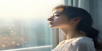 清晨窗边一位女性静静凝视远方，光线柔和，画面传递出安娜情欲史中觉醒后的宁静与自我接纳